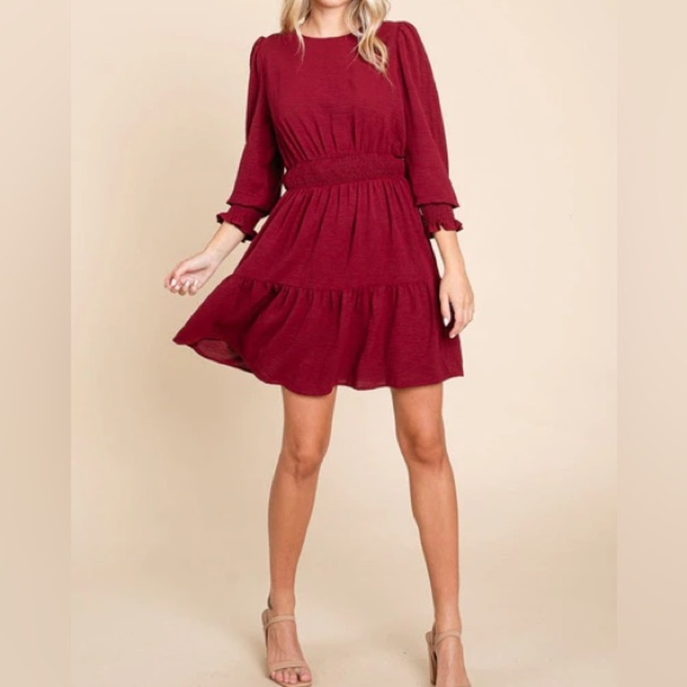 Burgundy Fit and Flare Dress with Ruffled Bishop Sleeves